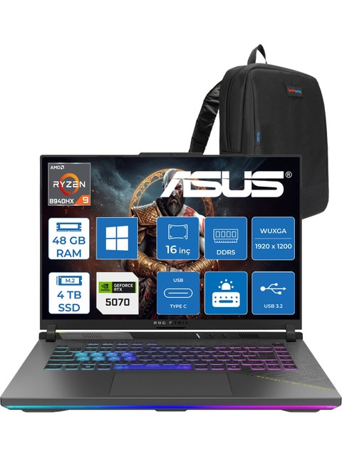 Asus Rog Strix G16 G614PP Amd Ryzen™ 9 8940HX Aı 48GB Ddr5 4tb SSD 8GB/RTX5070 115W 16-Inch Fhd+ 1920 x 1200, 165Hz 3ms IPS-SRGB:100% WINDOWS11HOME Gaming Laptop WRV219H23+ZETTAÇANTA