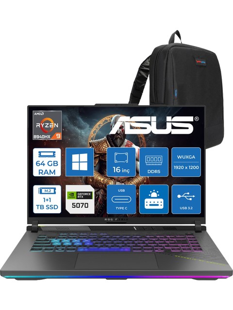 Asus Rog Strix G16 G614PP Amd Ryzen™ 9 8940HX Aı 64GB Ddr5 1tb Ssd+1tbssd 8GB/RTX5070 115W 16-Inch Fhd+ 1920 x 1200, 165Hz 3ms IPS-SRGB:100% WINDOWS11HOME Gaming Laptop WRV219H28+ZETTAÇANTA