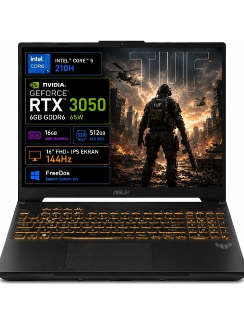 Asus Tuf Gaming F16 FX607VJB-RL037 Intel Core 5 210H 16GB 512GB SSD RTX3050 6 GB 16" Fhd+ Wuxga 144Hz IPS Panel Freedos Taşınabilir Bilgisayar