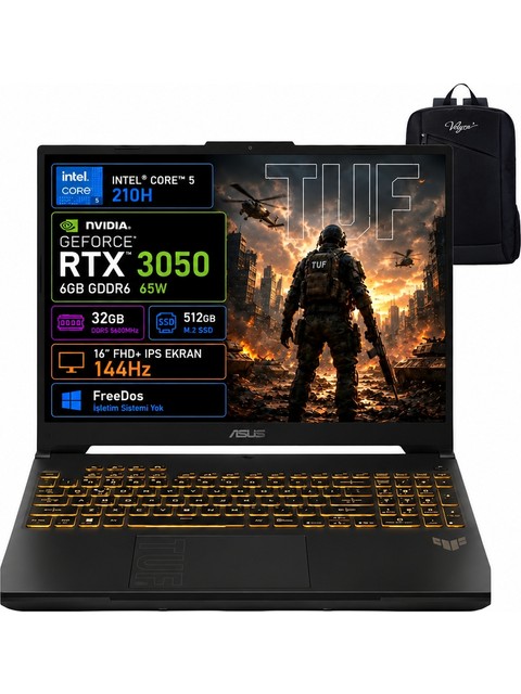Asus Tuf Gaming F16 FX607VJB-RL037 Intel Core 5 210H 32GB 512GB SSD RTX3050 6 GB 16" Fhd+ Wuxga 144Hz IPS Panel Freedos Taşınabilir Bilgisayar