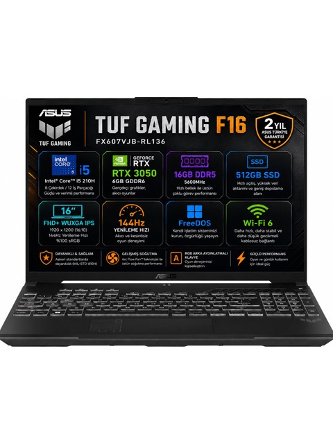 Asus TUF Gaming F16 FX607VJB-RL136-GAMING Intel Core 5 210H 16GB 512GB SSD RTX 3050 6GB 16" FHD+ (1920 x 1200) WUXGA 144Hz IPS Panel Freedos Taşınabilir Bilgisayar
