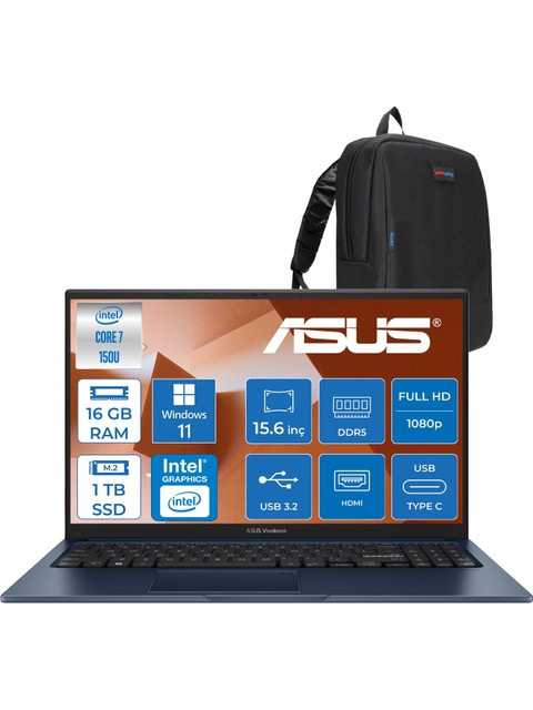 Asus Vivobook 15 (X1504VA) Intel® Core™ 7 150U 16GB Ddr5 1tb SSD Intel Graphic Gpu 15,6 Inç Fhd (1920 x 1080) WIN11PRO Taşınabilir Bilgisayar X1504VA150UP03+ZETTAÇANTA