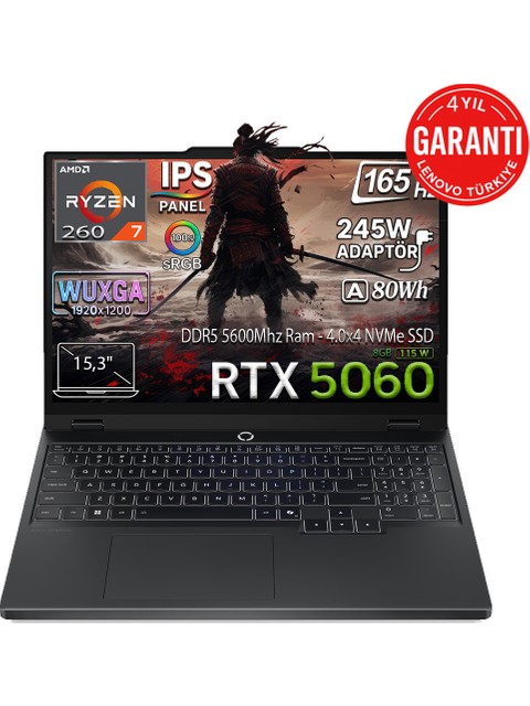 Lenovo Legion 5 15AHP10 AMD Ryzen 7 260 24GB 1TB SSD RTX 5060 8GB (115W) Freedos 15.3" 165Hz WUXGA IPS Panel Taşınabilir Bilgisayar 83M00070TR