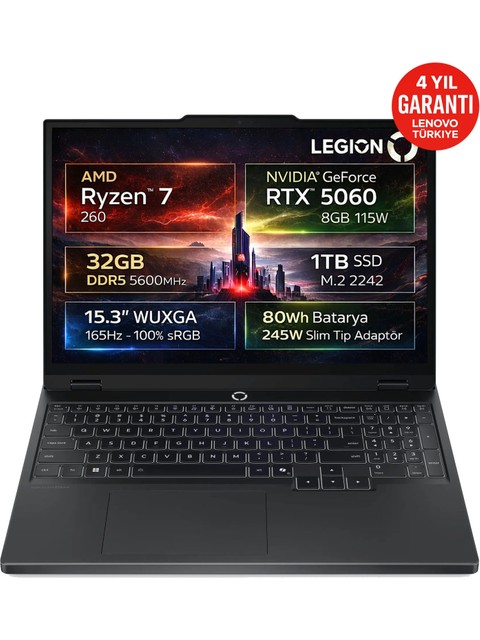 Lenovo Legion 5 15AHP10 AMD Ryzen 7 260 32GB 1TB SSD RTX 5060 8GB 15.3" WUXGA (1920X1200) IPS 165Hz 115W Freedos Taşınabilir Bilgisayar 83M00064TR