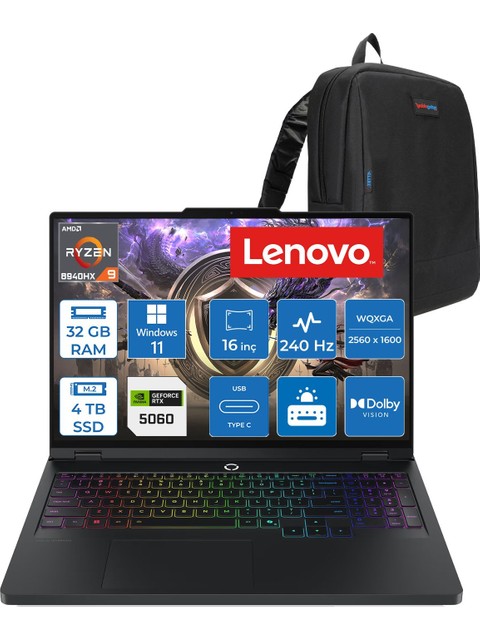 Lenovo Legion Pro 5 16ADR10 Amd Ryzen™ 9 8940HX Aı 32GB Ddr5 4tb SSD RTX5060/8GB 115W 16" Wqxga (2560X1600) IPS 500NITS 240Hz Hdr™ 400 WIN11PRO Gaming Bilgisayar 83LT005RTRP15+ZETTAÇANTA