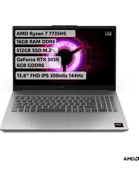 Lenovo LOQ Essential AMD Ryzen 7 7735HS 16GB 512GB SSD RTX3050 Freedos 15.6" FHD 144Hz Taşınabilir Bilgisayar 83S00033TR