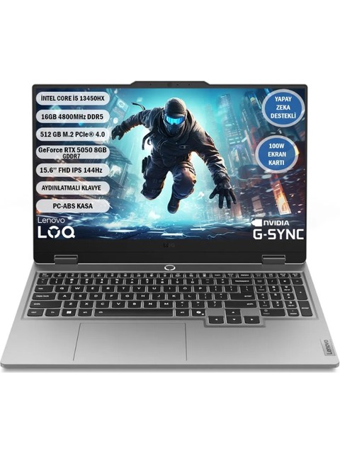 Lenovo LOQ Intel Core i5 13450HX 16GB 512GB SSD RTX5050 Freedos 15.6" FHD 144Hz Taşınabilir Bilgisayar 83JE00JLTR